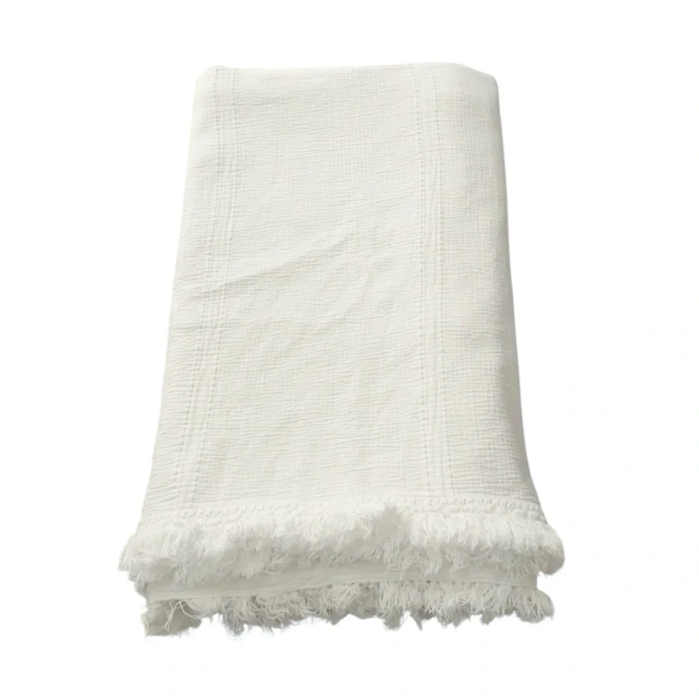 Serena & Lily Maya White Cotton Fringe Queen Coverlet‎ Quilt Throw
